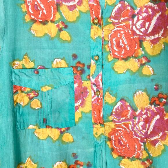 LISA CORTI Milano Dress S Floral Green Pink Gold-Button Henley Long-Sleeve”Kurta - Picture 9 of 15